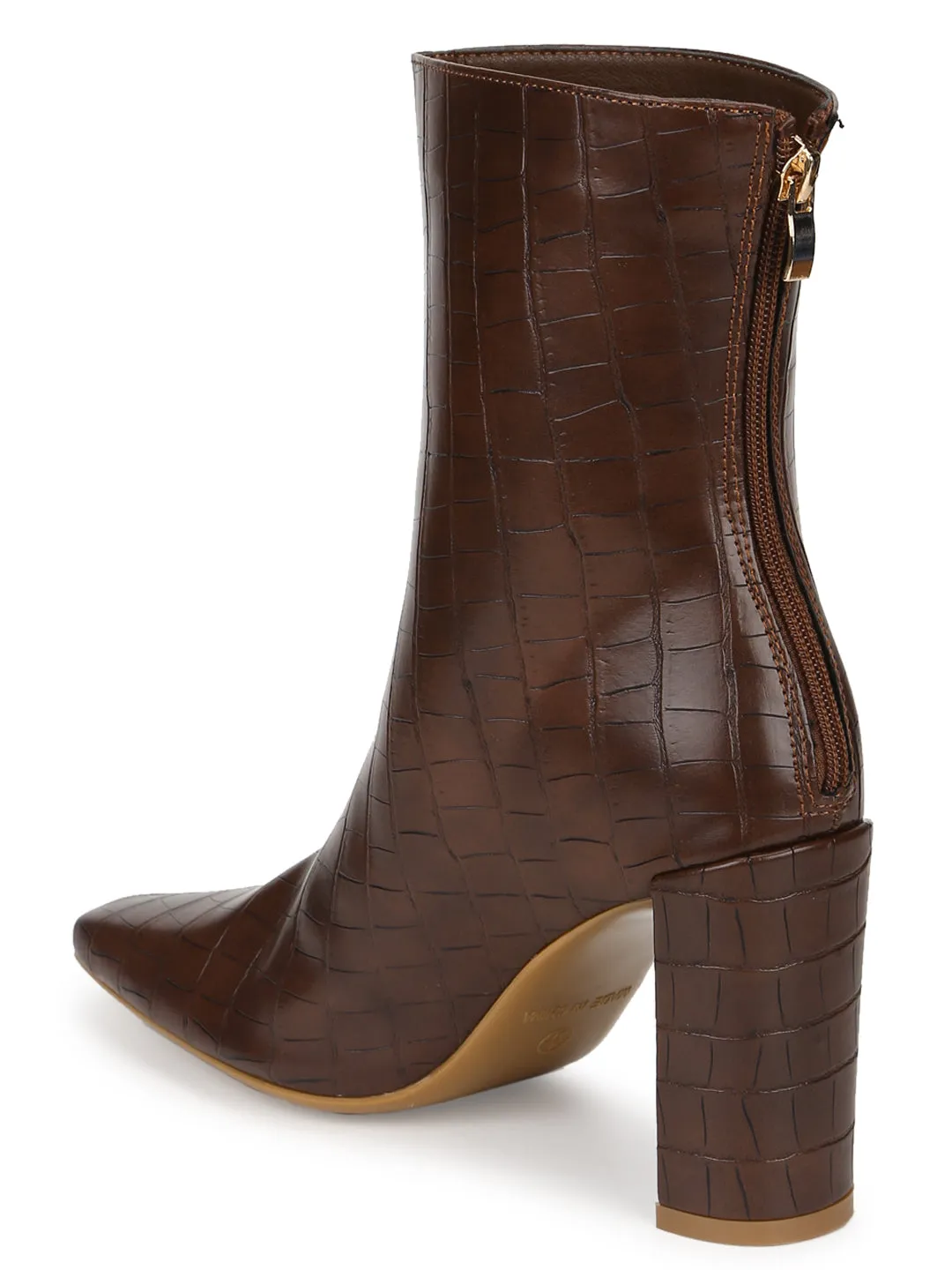 Brown Croc PU High Heel Sock Ankle Boots