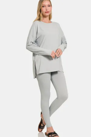 Brushed Microfiber Top and Leggings Lounge Set - LT Grey