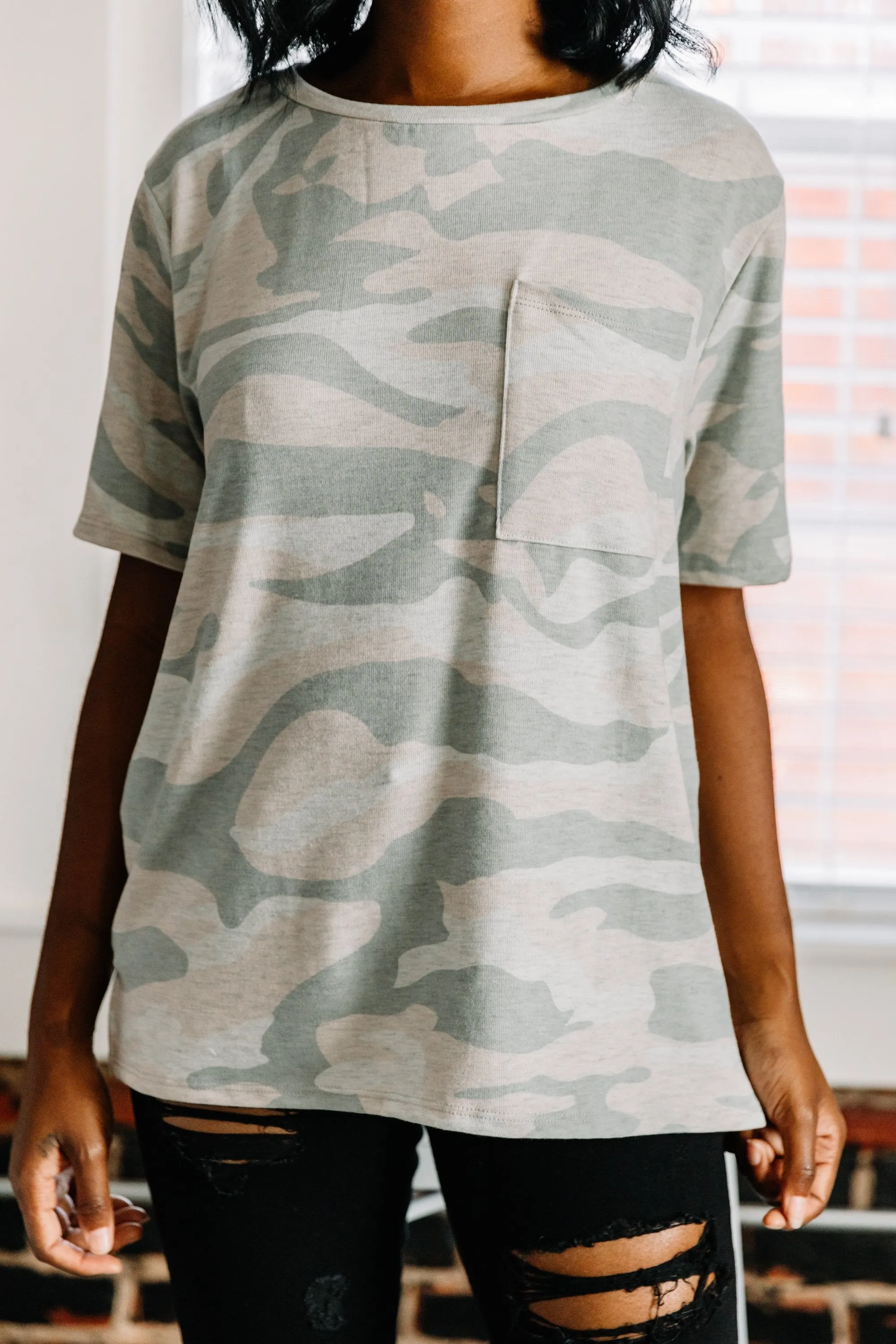 Can't Keep Away Heather Gray Camo Top