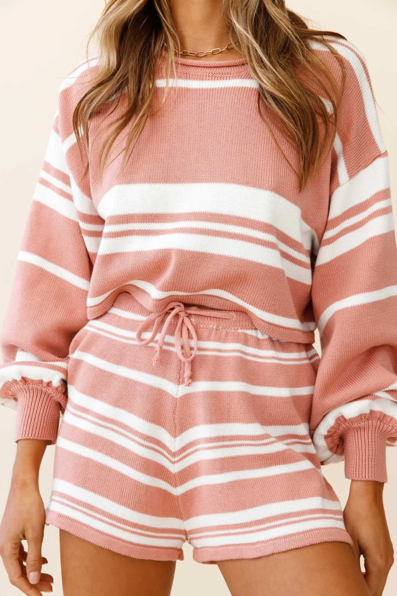 Carlo Long Balloon Sleeve Crop Top Striped Pattern Blush