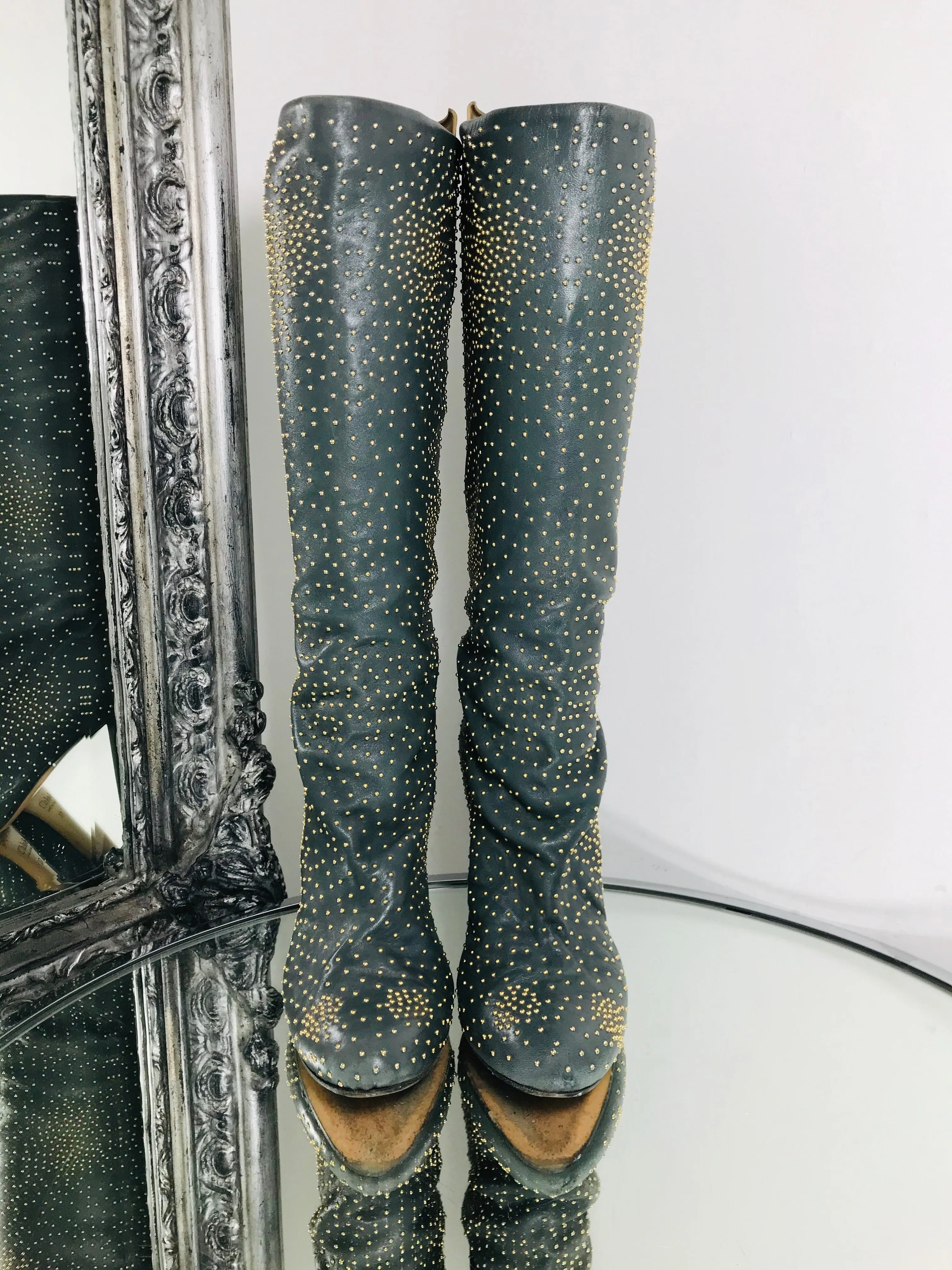 Chloe Leather Embellished Studded Boots. Size 37