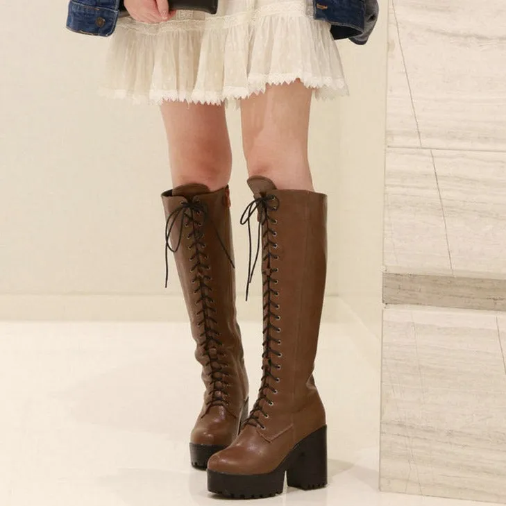 Chunky platform block heels knee high combat boots