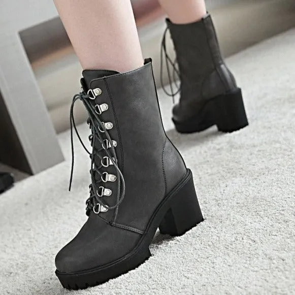 Chunky platform high heels round toe combat boots gothic booties