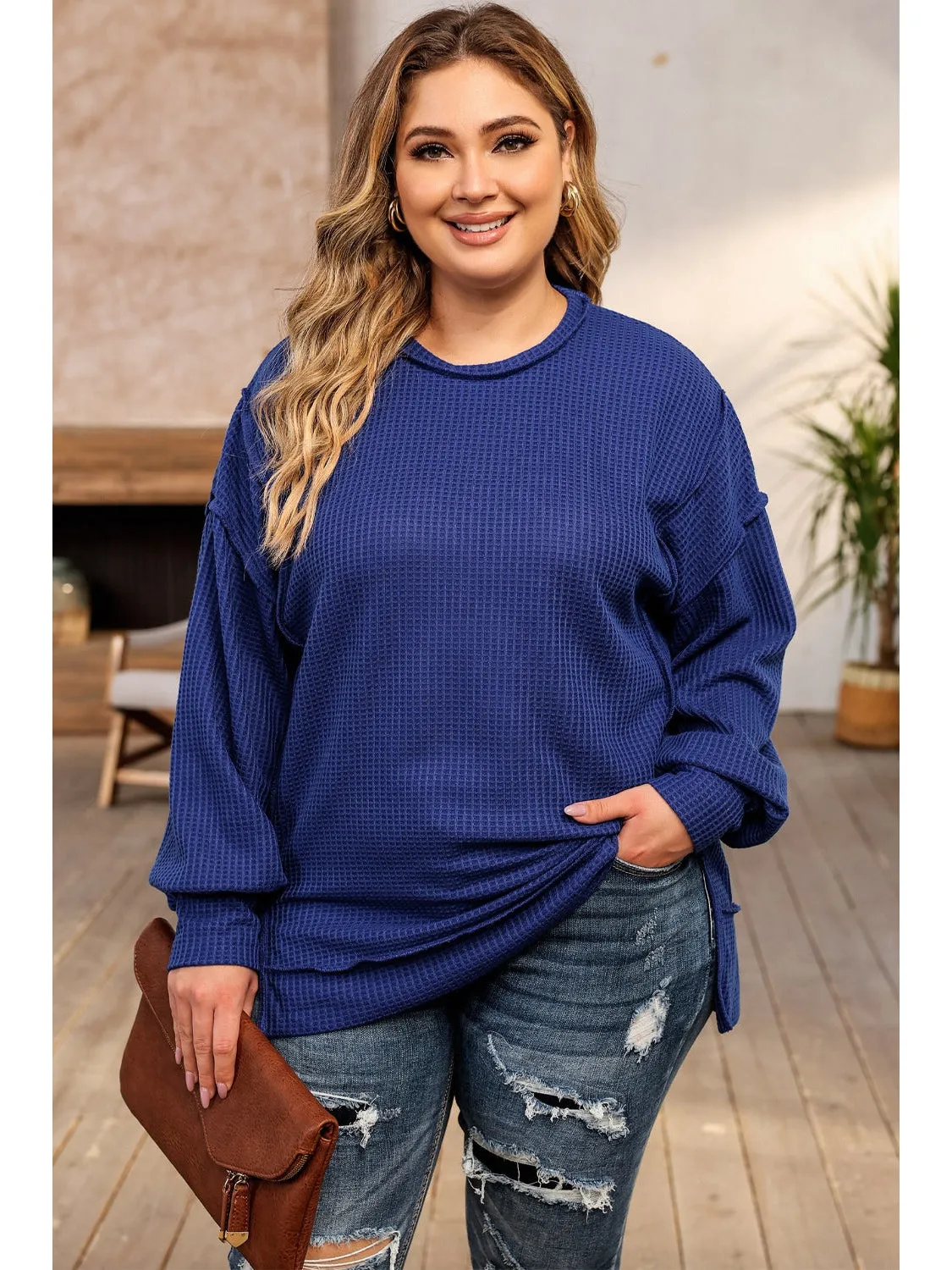 Dark Blue Waffle Knit Exposed Seam Patchwork Plus Size Top