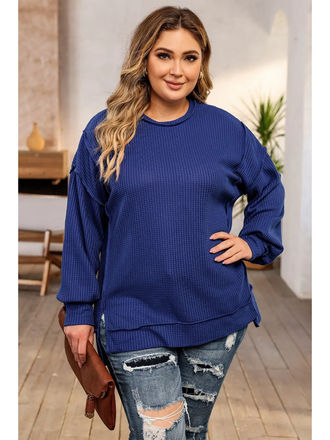 Dark Blue Waffle Knit Exposed Seam Patchwork Plus Size Top