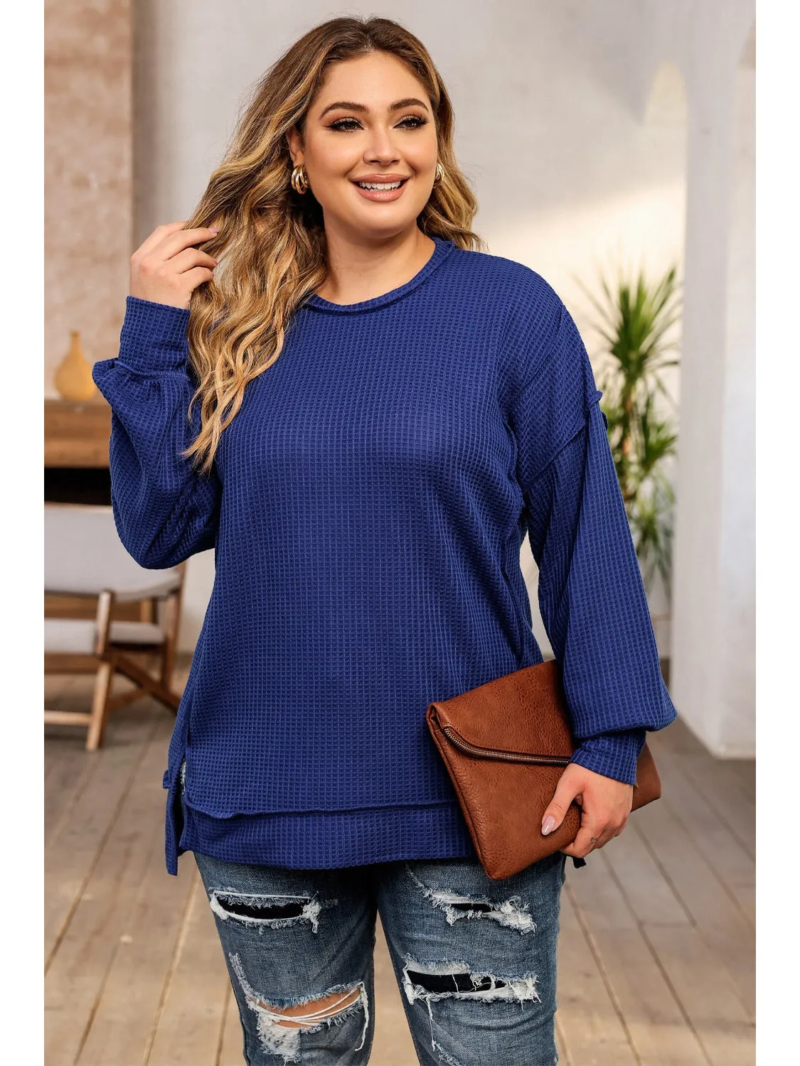 Dark Blue Waffle Knit Exposed Seam Patchwork Plus Size Top