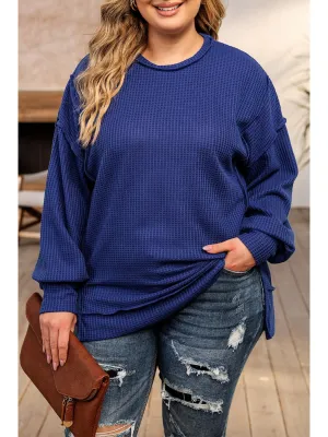 Dark Blue Waffle Knit Exposed Seam Patchwork Plus Size Top