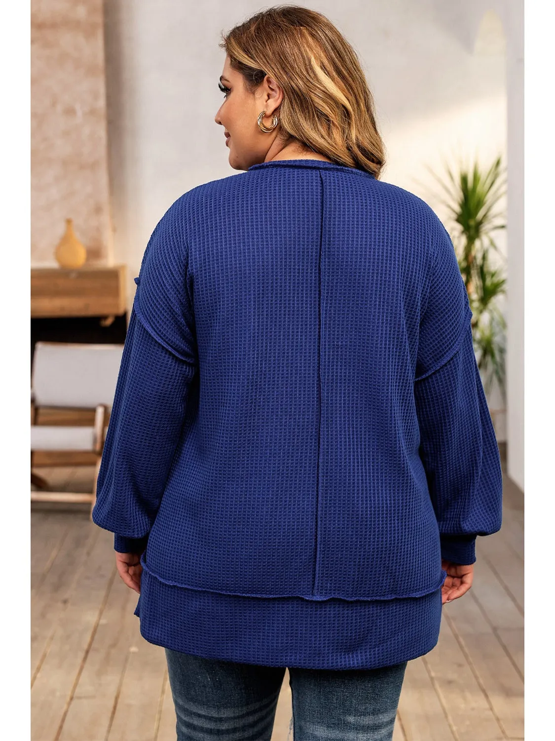 Dark Blue Waffle Knit Exposed Seam Patchwork Plus Size Top