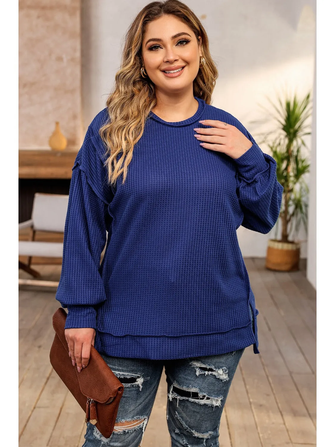 Dark Blue Waffle Knit Exposed Seam Patchwork Plus Size Top