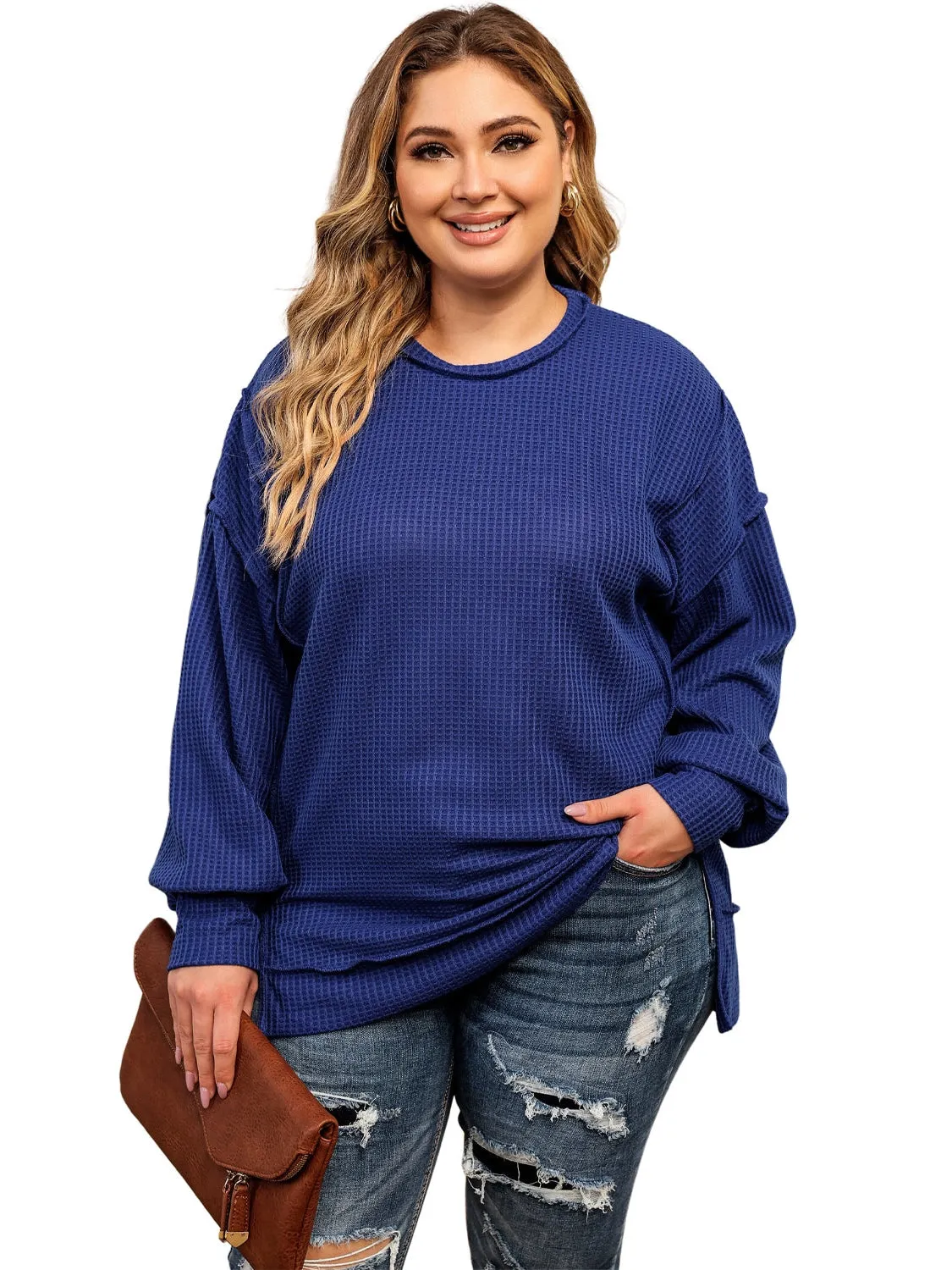 Dark Blue Waffle Knit Exposed Seam Patchwork Plus Size Top