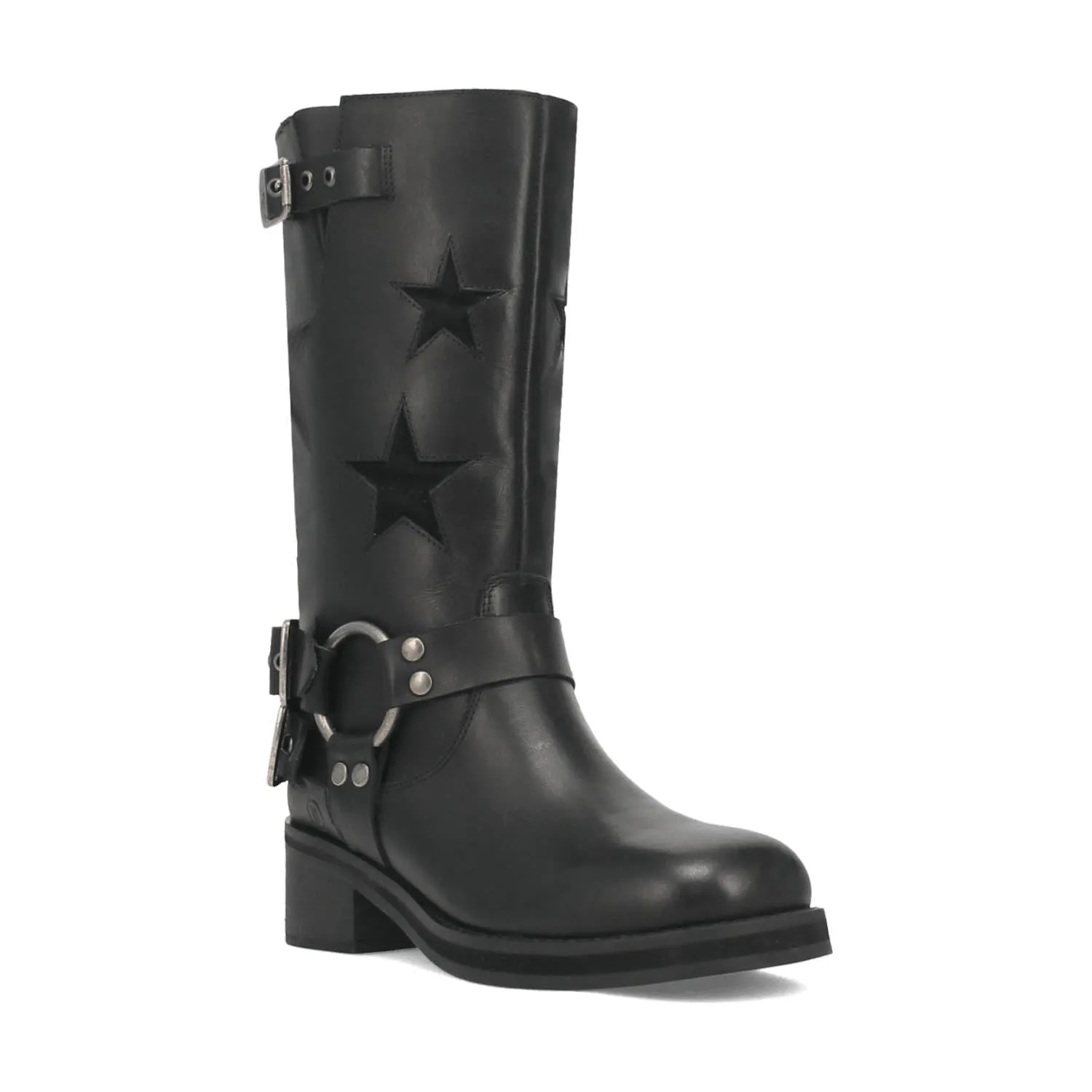 Dingo Womens Blacklist Stars Black Leather Motorcycle Boots