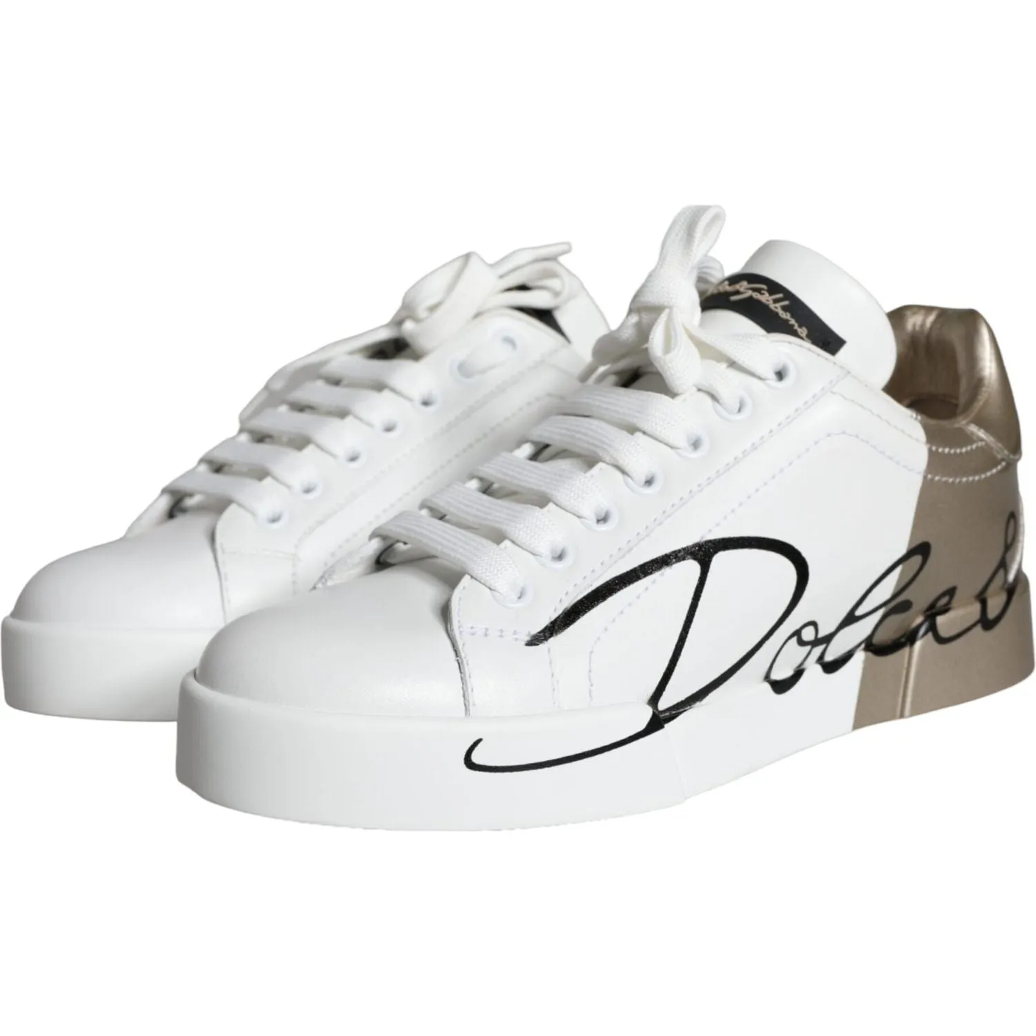 Dolce & Gabbana White Gold Portofino Low Top Leather Sneakers Shoes