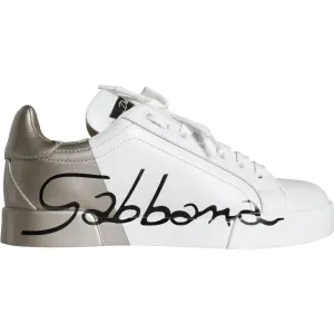 Dolce & Gabbana White Gold Portofino Low Top Leather Sneakers Shoes