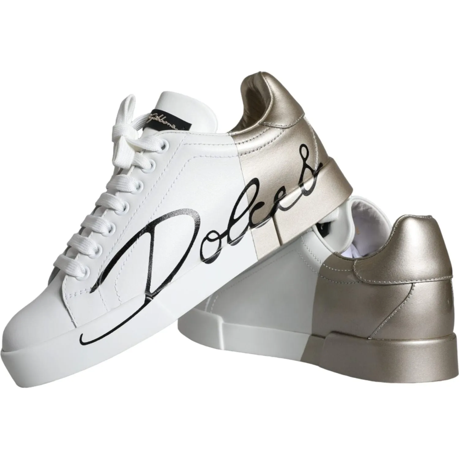 Dolce & Gabbana White Gold Portofino Low Top Leather Sneakers Shoes