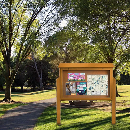 Eco-Design, Two-Sided Outdoor Message Center Cork Board 52 x 40 with Posts | BOTTOM Hinged Cabinet