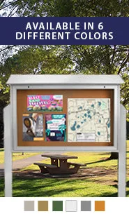 Eco-Design, Two-Sided Outdoor Message Center Cork Board 52 x 40 with Posts | BOTTOM Hinged Cabinet