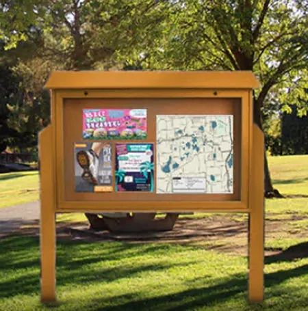 Eco-Design, Two-Sided Outdoor Message Center Cork Board 52 x 40 with Posts | BOTTOM Hinged Cabinet