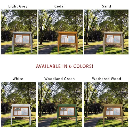 Eco-Design, Two-Sided Outdoor Message Center Cork Board 52 x 40 with Posts | BOTTOM Hinged Cabinet