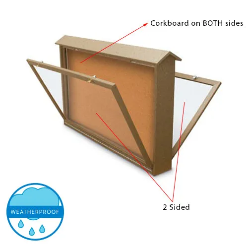 Eco-Design, Two-Sided Outdoor Message Center Cork Board 52 x 40 with Posts | BOTTOM Hinged Cabinet