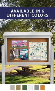 Eco-Design, Two-Sided Outdoor Message Center Cork Board 52 x 40 with Posts | BOTTOM Hinged Cabinet