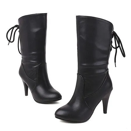 England style stiletto heel back tie-up mid calf boots