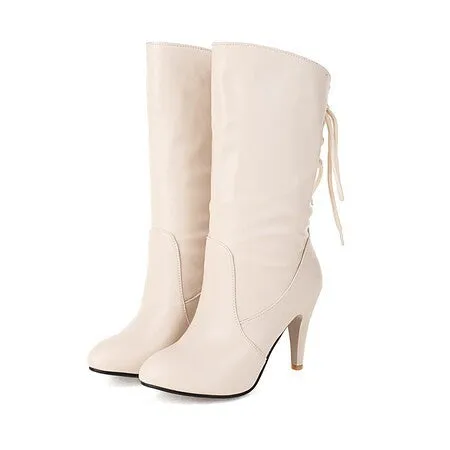 England style stiletto heel back tie-up mid calf boots