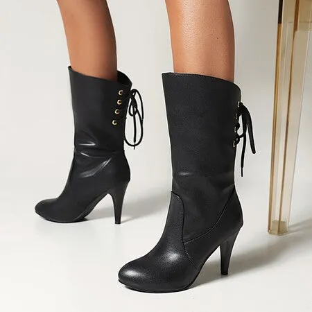 England style stiletto heel back tie-up mid calf boots