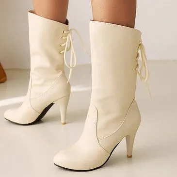 England style stiletto heel back tie-up mid calf boots