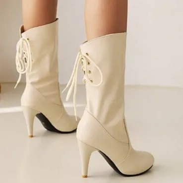 England style stiletto heel back tie-up mid calf boots