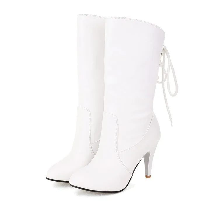 England style stiletto heel back tie-up mid calf boots