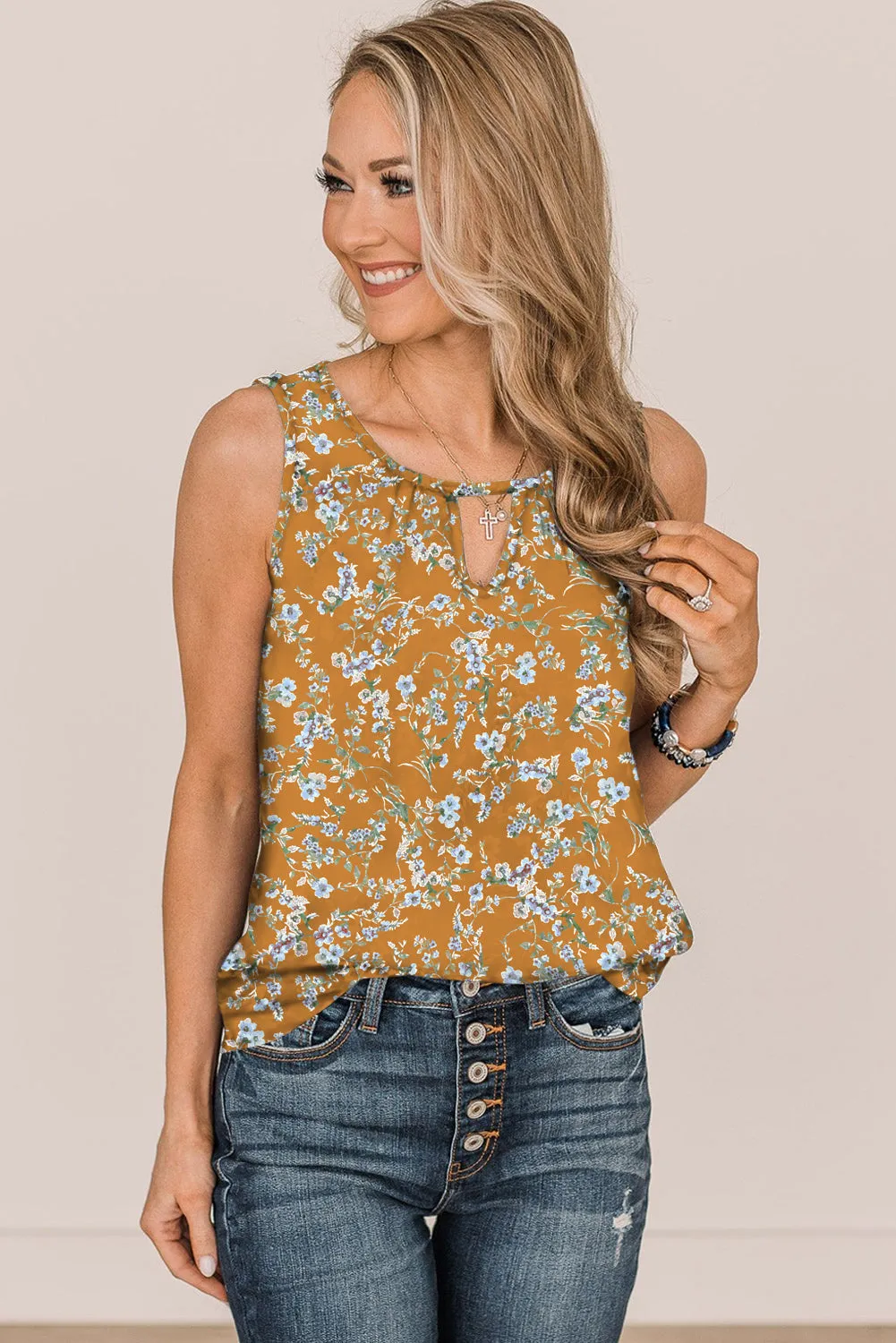 Floral Delight Round Neck Casual 100% Viscose Tank Top