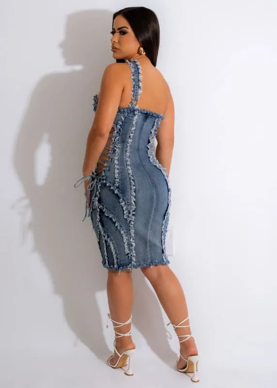 Frayed Edge Women’s Denim Dress with Adjustable Shoulder Strap