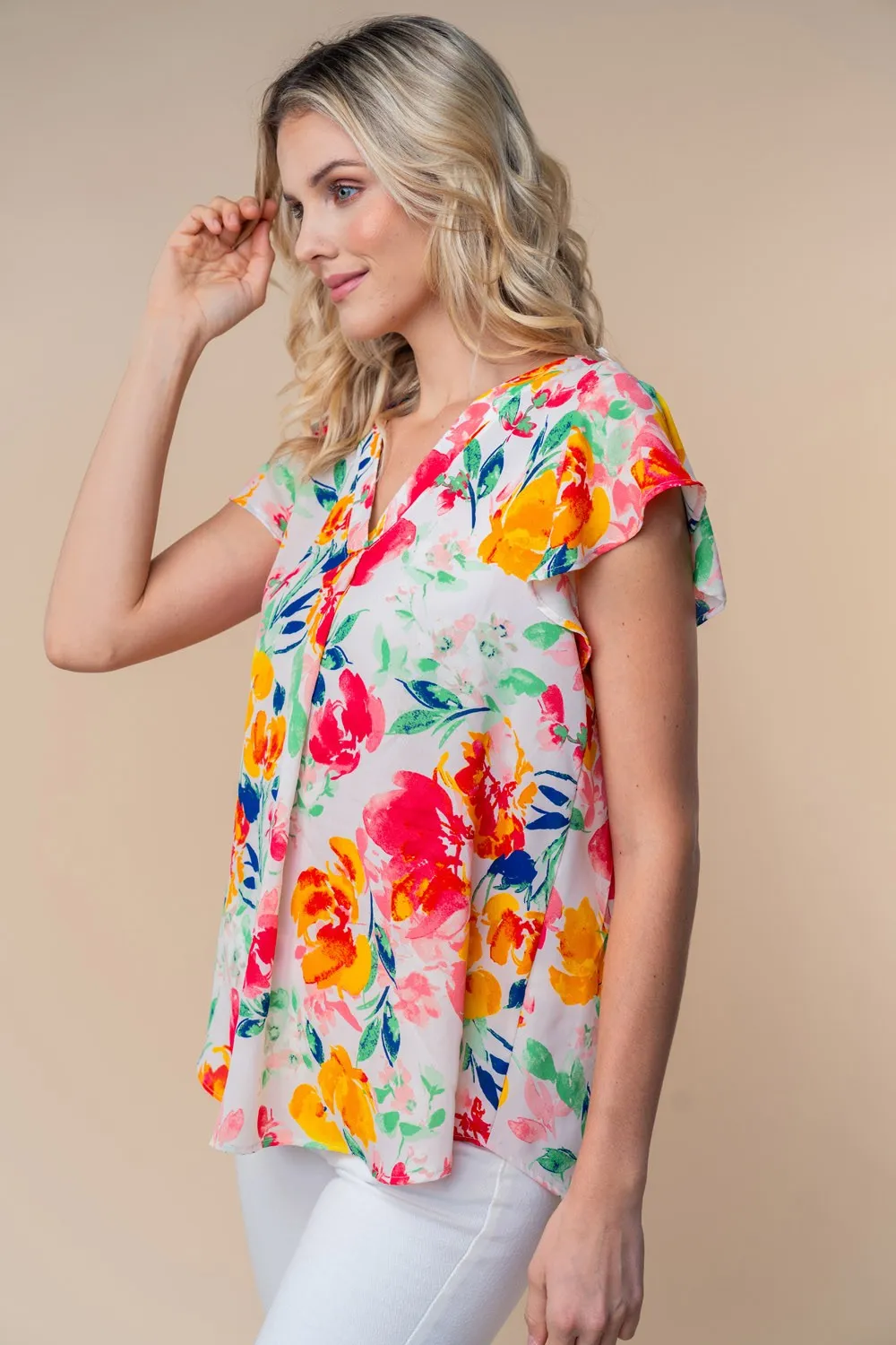 Full Size Short Sleeve Floral Woven Top