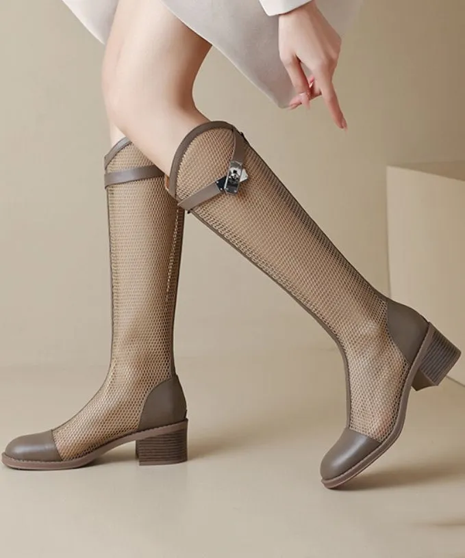 Handmade Tulle Knee Boots Splicing Hollow Out Suede Boots LY4369