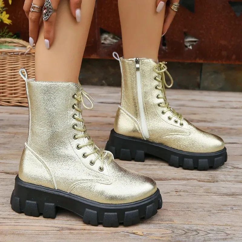 Hnzxzm Winter Silver Crystal Thick Sole Ankle Boots Women's Gothic Thick Sole Motorcycle Boots Women's Luxury Rhinestone Punk Shoes