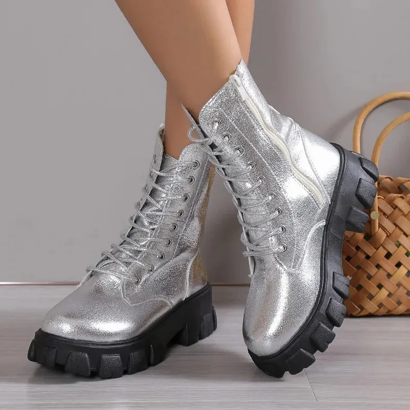 Hnzxzm Winter Silver Crystal Thick Sole Ankle Boots Women's Gothic Thick Sole Motorcycle Boots Women's Luxury Rhinestone Punk Shoes