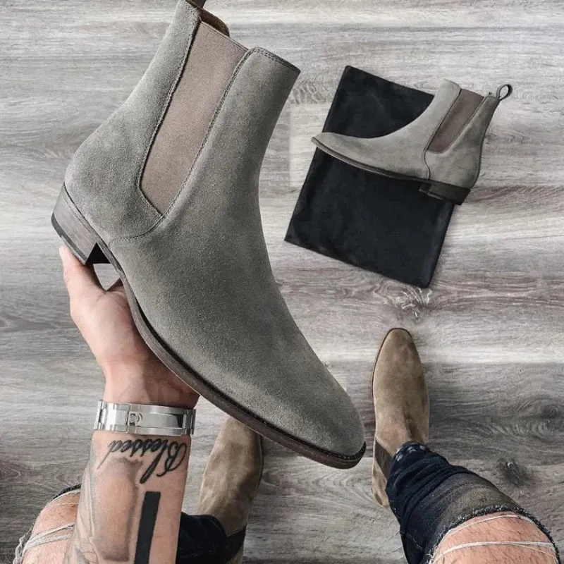 Ilooove New Gray Chelsea Boots for Men  Flock Business Men Ankle Boots Cowboy Boots Handmade Men Boots Size 38-46