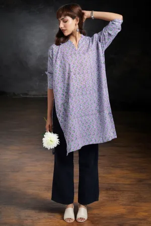 leisure tunic with high slit - periwinkle & springtime botanics