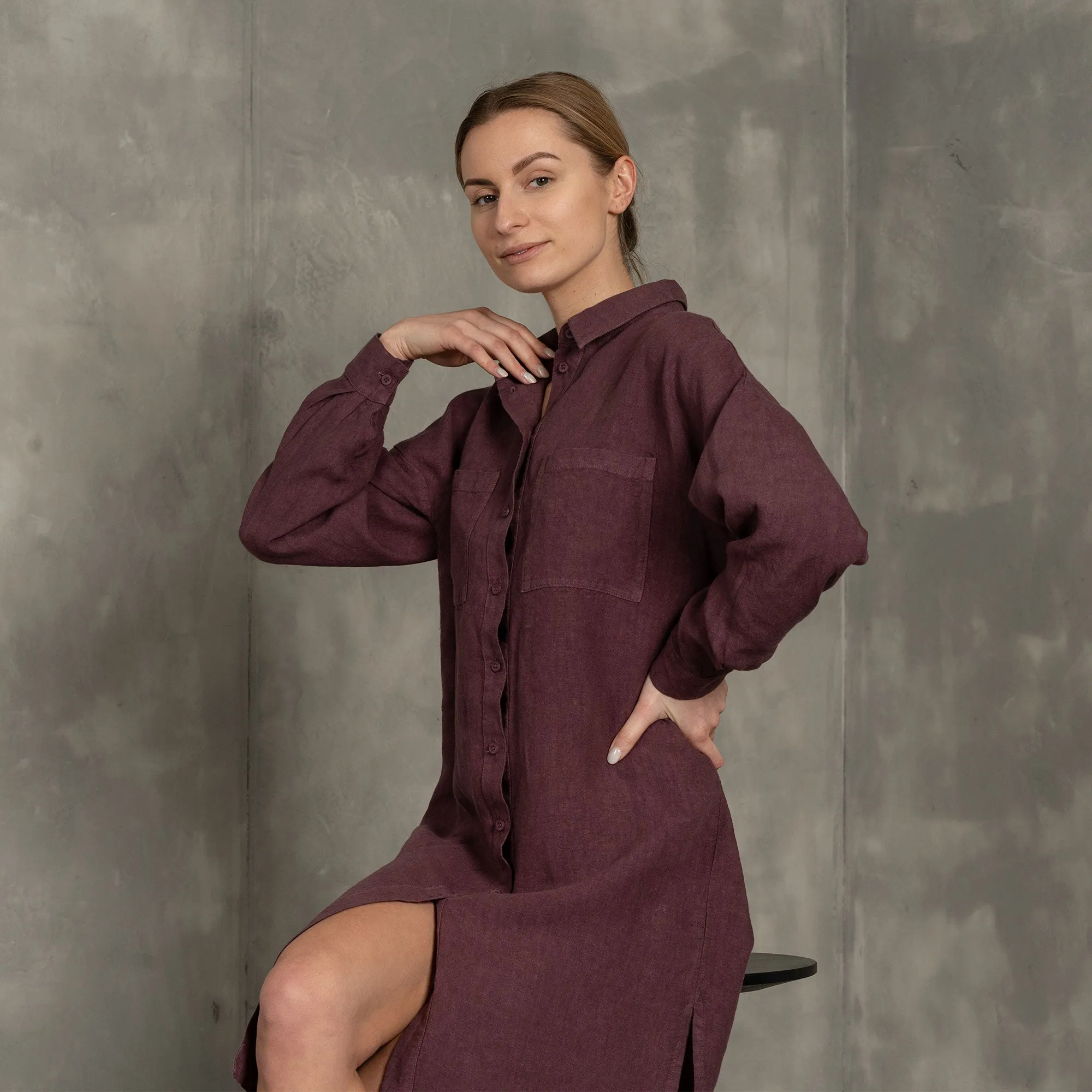 Linen Oversize Shirt Dress Margo Shadow Purple