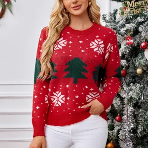 Long Sleeve Round Neck Snowflake Tree Christmas Sweater