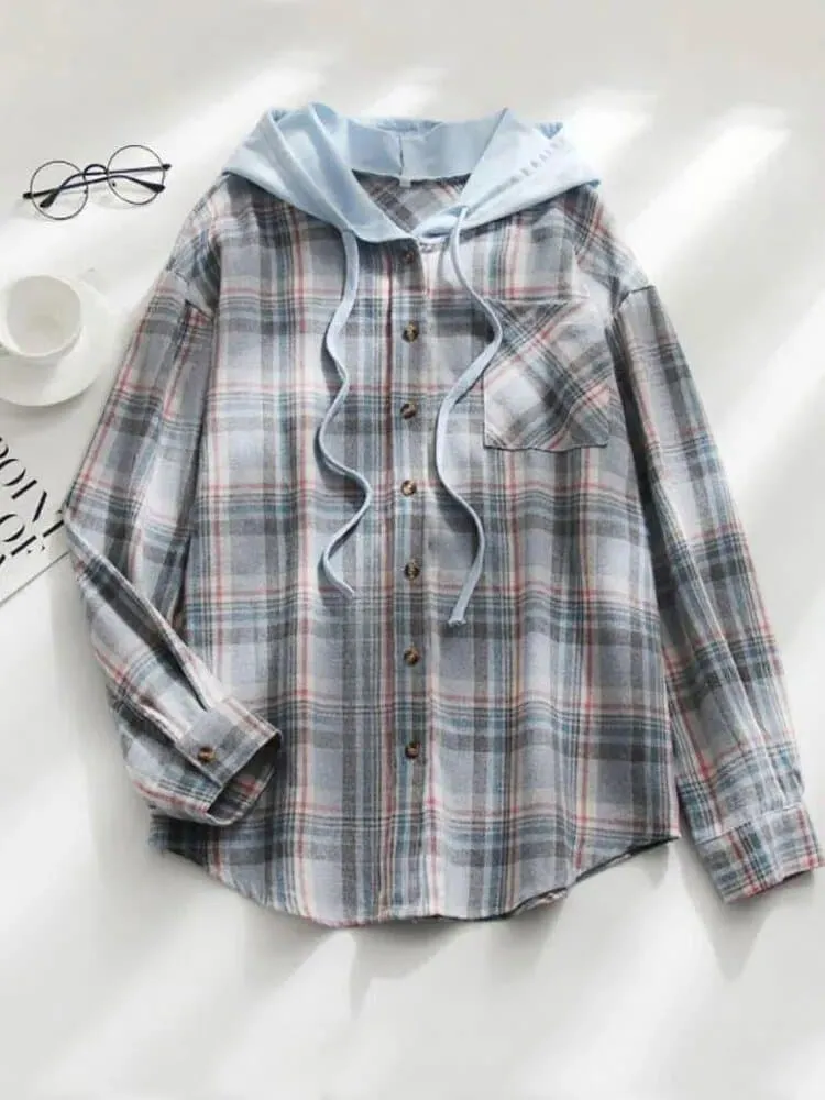 Loose Hooded Checkered Shirt with Hood | Cotton Blend | Versatile & Cozy