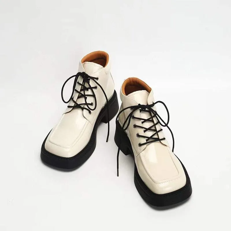 Martin Boots Women Leather Lace-Up Platform Ankle Booties in White/Black/Nude