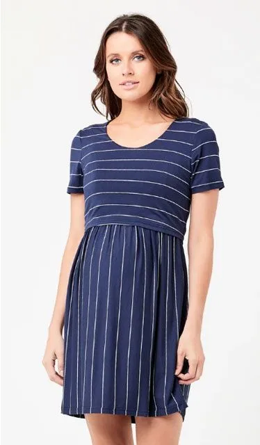 Maternity Nursing Dress in Indigo Stripe