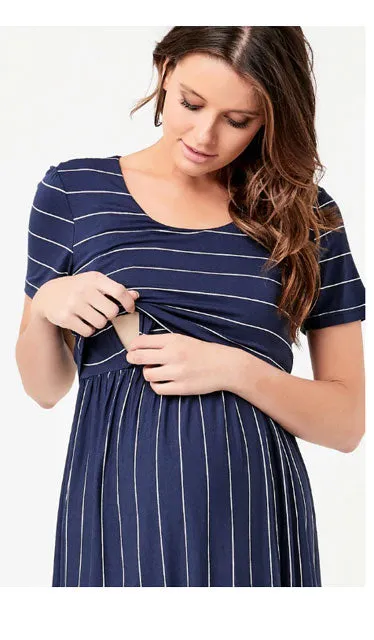 Maternity Nursing Dress in Indigo Stripe