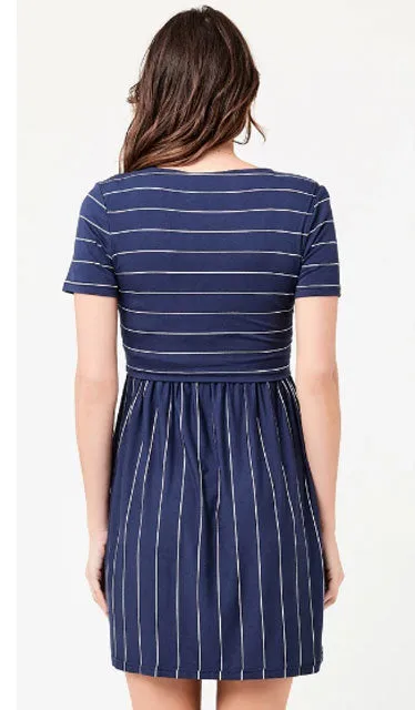 Maternity Nursing Dress in Indigo Stripe