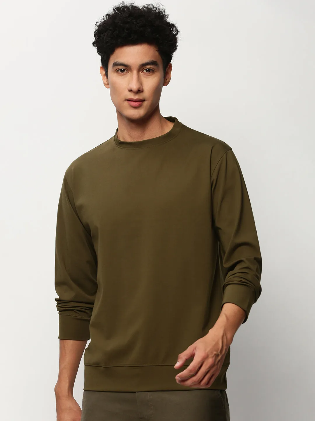 Men Green Solid Casual Sweatshirts