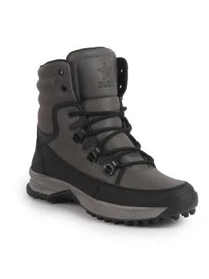 Men Grey High Top 3-Eye Lace Up High Ankle Winter Biker Boots|Trekking Boots|Hiking Boots|Basketball Shoes|Good Sole Grip Traction