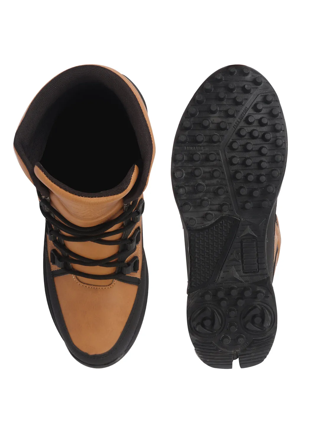 Men Tan High Top 3-Eye Lace Up High Ankle Winter Biker Boots|Trekking Boots|Hiking Boots|Basketball Shoes|Good Sole Grip Traction