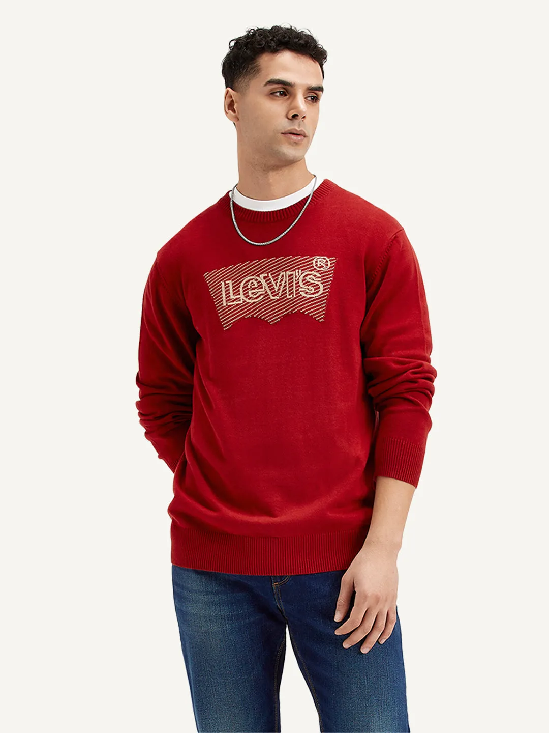 Men's Brand Logo Red Crew Neck Sweater