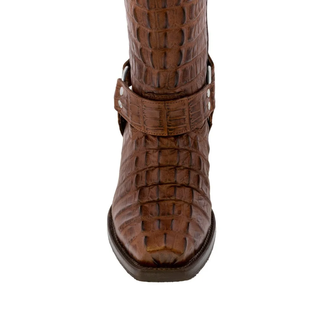 Mens Brown Motorcycle Boots Crocodile Tail Print Leather - Square Toe